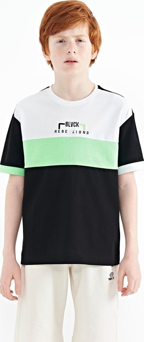 Siyah Renk Geçişli Nakışlı Oversize Erkek Çocuk T-Shirt - 11159
