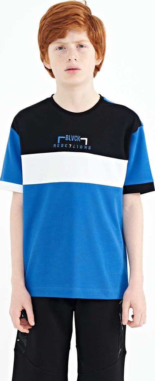 Saks Renk Geçişli Nakışlı Oversize Erkek Çocuk T-Shirt - 11159