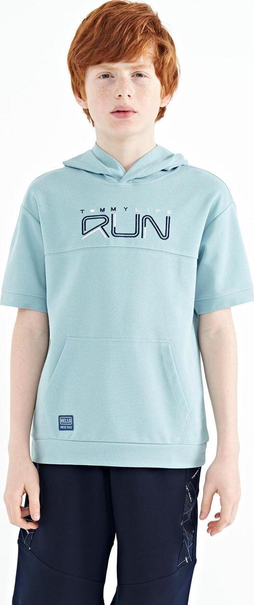 Açık Mavi Kanguru Cepli Kapüşonlu Oversize Erkek Çocuk T-Shirt - 11160