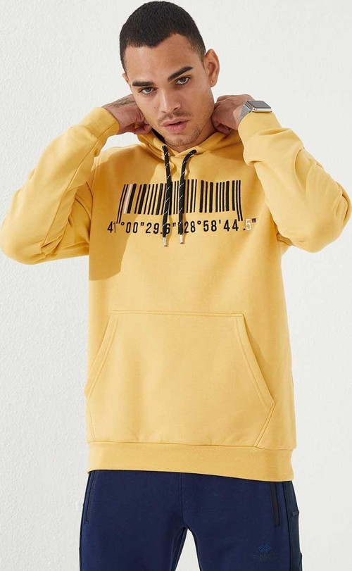Hardal Nakışlı Kanguru Cep Standart Kalıp Kapüşonlu Erkek Sweatshirt - 87839