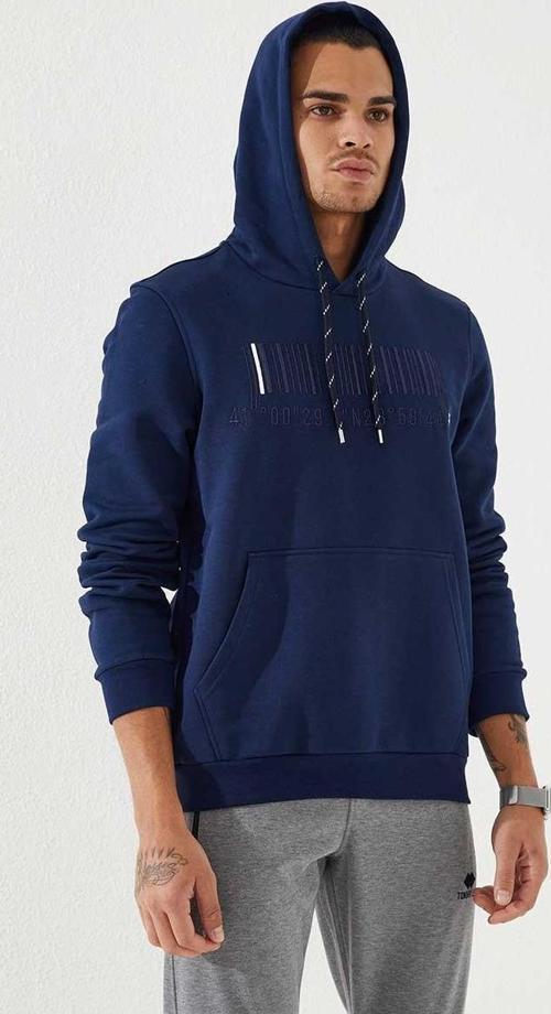 İndigo Nakışlı Kanguru Cep Standart Kalıp Kapüşonlu Erkek Sweatshirt - 87839