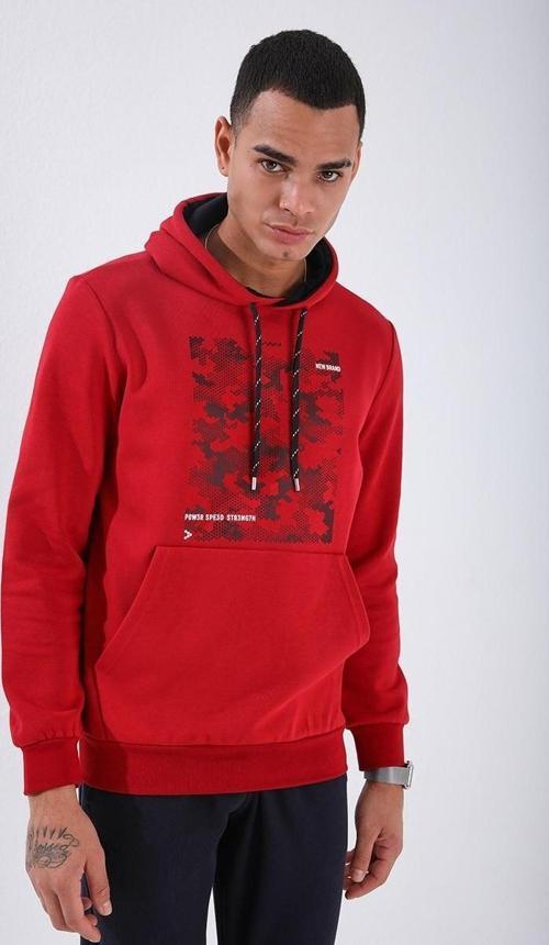 Kırmızı Kamuflaj Desen Baskılı Standart Kalıp Kapüşonlu Erkek Sweatshirt - 87884