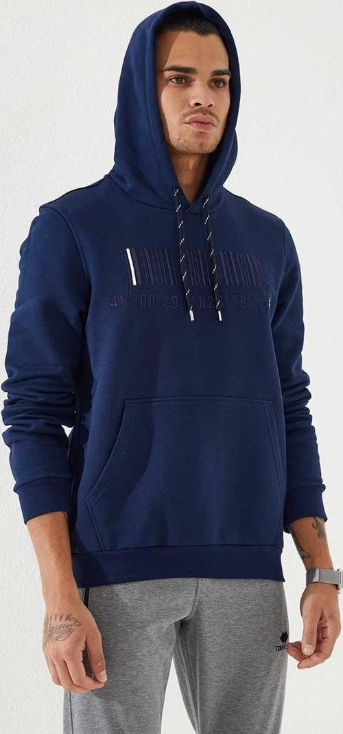 İndigo Nakışlı Kanguru Cep Standart Kalıp Kapüşonlu Erkek Sweatshirt - 87839
