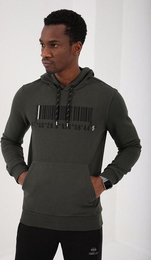Haki Nakışlı Kanguru Cep Standart Kalıp Kapüşonlu Erkek Sweatshirt - 87839