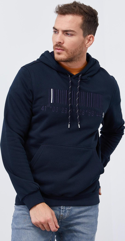 Lacivert Nakışlı Kanguru Cep Standart Kalıp Kapüşonlu Erkek Sweatshirt - 87839