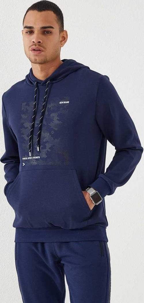 İndigo Kamuflaj Desen Baskılı Standart Kalıp Kapüşonlu Erkek Sweatshirt - 87884