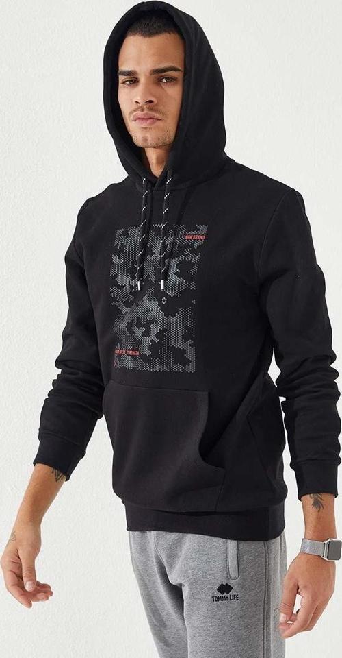 Siyah Kamuflaj Desen Baskılı Standart Kalıp Kapüşonlu Erkek Sweatshirt - 87884
