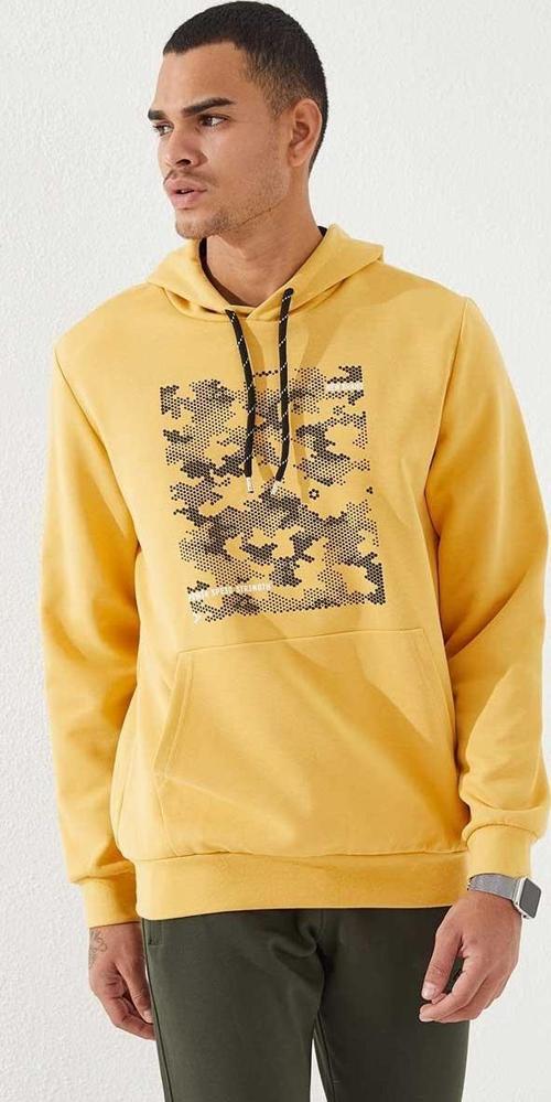 Hardal Kamuflaj Desen Baskılı Standart Kalıp Kapüşonlu Erkek Sweatshirt - 87884