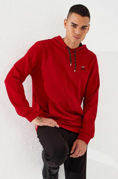 Kırmızı Kanguru Cep Standart Kalıp Kapüşonlu Erkek Sweatshirt - 87872