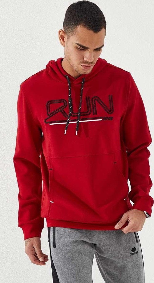 Kırmızı Yazı Nakışlı Standart Kalıp Kapüşonlu Erkek Sweatshirt - 87887