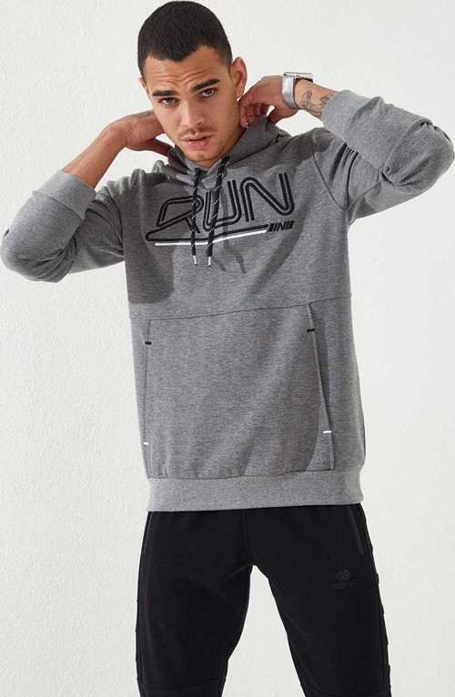 Gri Melanj Yazı Nakışlı Standart Kalıp Kapüşonlu Erkek Sweatshirt - 87887