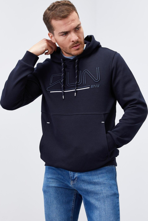 Lacivert Yazı Nakışlı Standart Kalıp Kapüşonlu Erkek Sweatshirt - 87887