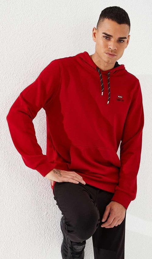 Kırmızı Kanguru Cep Standart Kalıp Kapüşonlu Erkek Sweatshirt - 87872