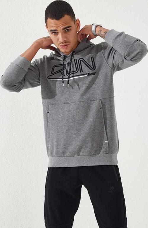 Gri Melanj Yazı Nakışlı Standart Kalıp Kapüşonlu Erkek Sweatshirt - 87887