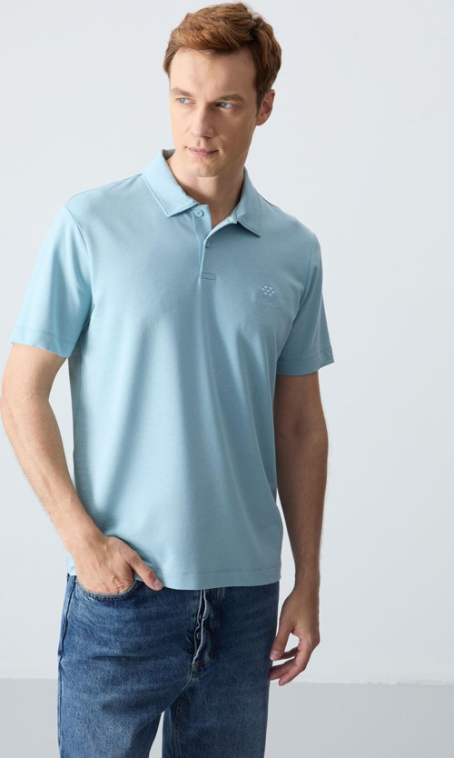Buz Mavi Basic Logolu Standart Kalıp Triko Polo Yaka Erkek T-Shirt - 87748