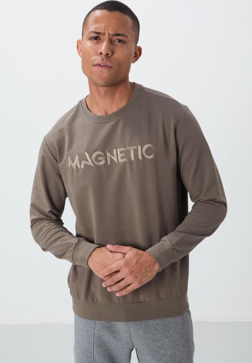 Koyu Bej Yazı Nakışlı O Yaka Rahat Form İçi Polarlı Erkek Sweatshirt - 88020