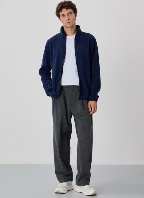 İndigo Yazı Nakışlı Dik Yaka Fermuarlı Standart Kalıp Erkek Sweatshirt Polar - 87992
