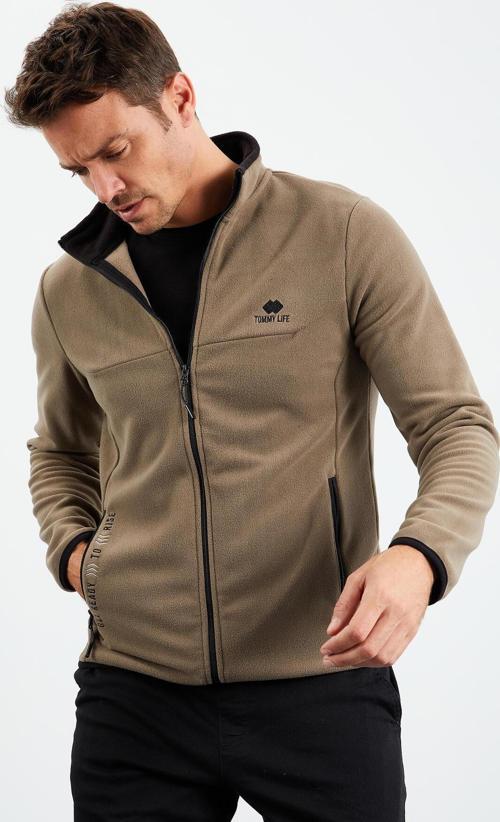 Camel Yazı Nakışlı Dik Yaka Fermuarlı Standart Kalıp Erkek Sweatshirt Polar - 87992