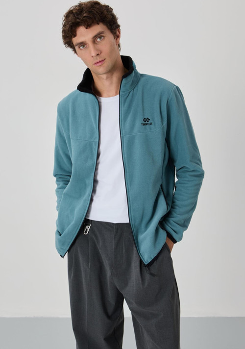 Mint Yeşili Yazı Nakışlı Dik Yaka Fermuarlı Standart Kalıp Erkek Sweatshirt Polar - 87992