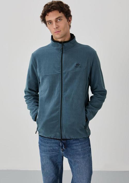 Petrol Yazı Nakışlı Dik Yaka Fermuarlı Standart Kalıp Erkek Sweatshirt Polar - 87992