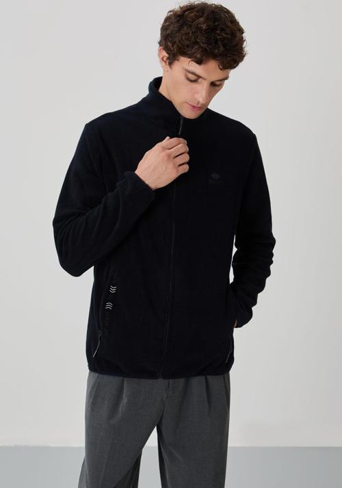 Lacivert Yazı Nakışlı Dik Yaka Fermuarlı Standart Kalıp Erkek Sweatshirt Polar - 87992