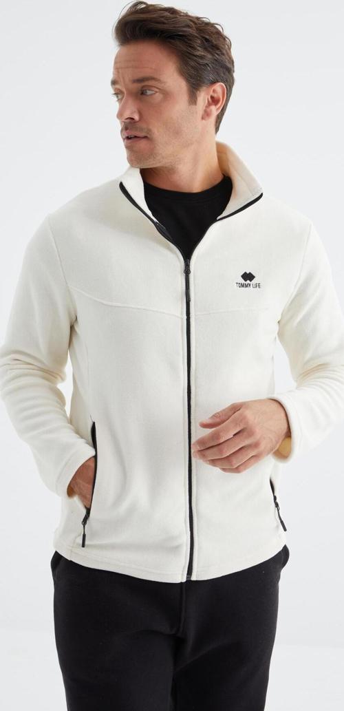 Ekru Fermuarlı Dik Yaka Standart Kalıp Erkek Polar Sweatshirt - 88134
