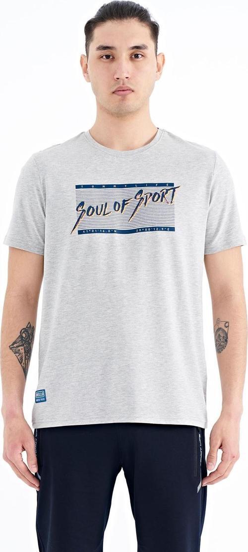 Gri Melanj Yazı Desen Baskılı Standart Kalıp O Yaka Erkek T-Shirt - 88172