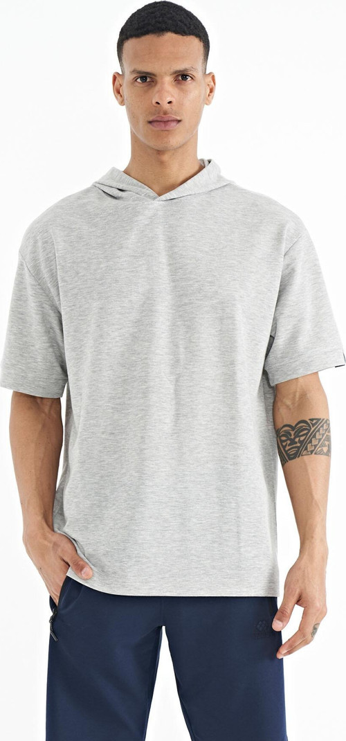 Gri Melanj Kapüşonlu Kol Etiket Detaylı Oversize Erkek T-shirt - 88179