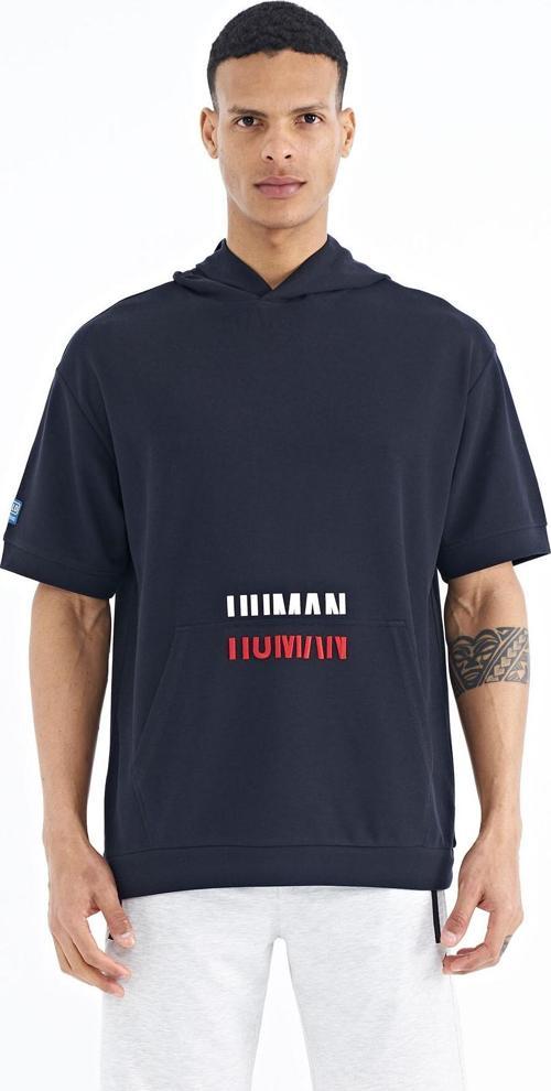 Lacivert Kanguru Cepli Yazı Nakışlı Kapüşonlu Erkek T-Shirt - 88195