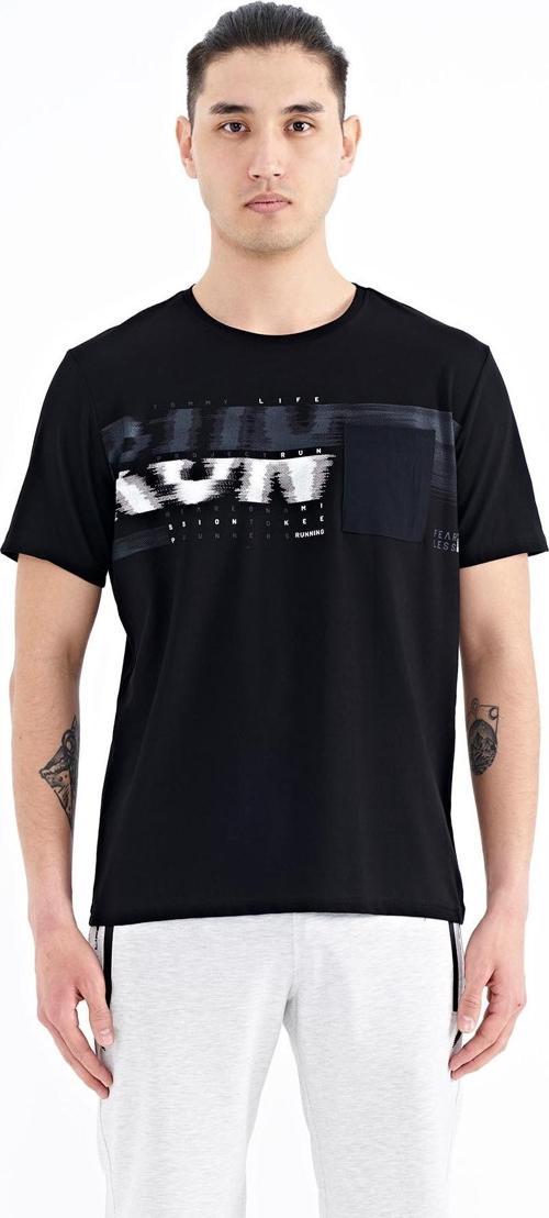 Siyah Ön Cep Detaylı Baskılı Standart Kalıp Erkek T-shirt - 88200