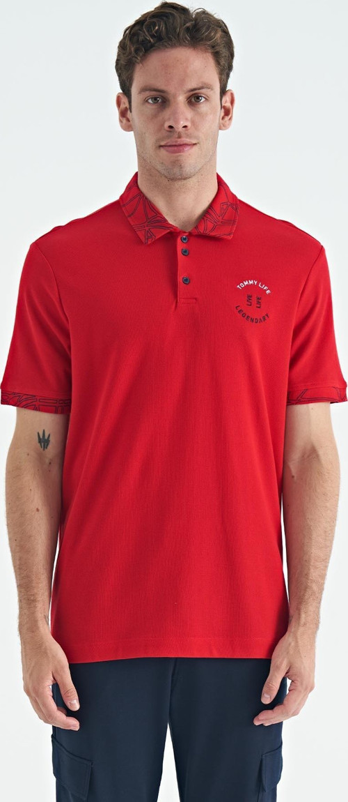 Kırmızı Yazı Nakışlı Baskı Detaylı Standart Kalıp Polo Yaka Erkek T-Shirt - 88239