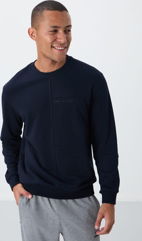 Lacivert Kompakt Pamuklu Kalın Pürüzsüz Dokulu O Yaka Standart Fit Erkek Sweatshirt -88405