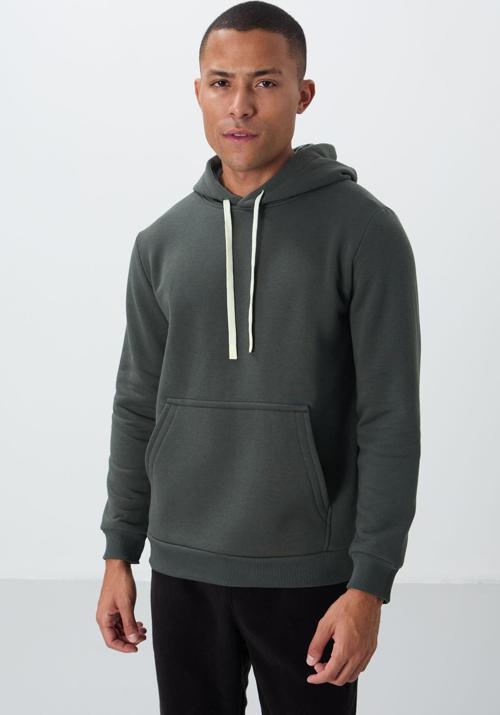 Haki Pamuklu Kalın İçi Tüylü Yumuşak Dokulu Comfort Fit Nakışlı Erkek Sweatshirt - 88419