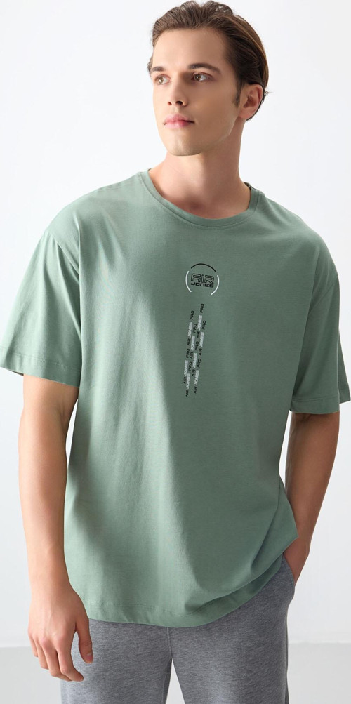 Açık Yeşil %100 Pamuk Kalın Yumuşak Dokulu Oversize Fit Baskılı Erkek T-Shirt - 88355
