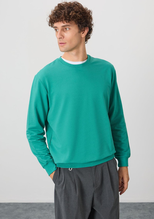Deniz Yeşili Pamuk Yumuşak Dokulu Standart Fit Basic Erkek Sweatshirt - 88363