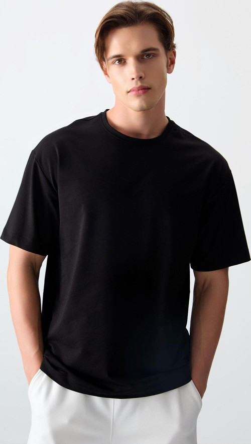 Siyah Pamuklu Kalın Yumuşak Dokulu Oversize Fit Basic Erkek T-Shirt - 88377