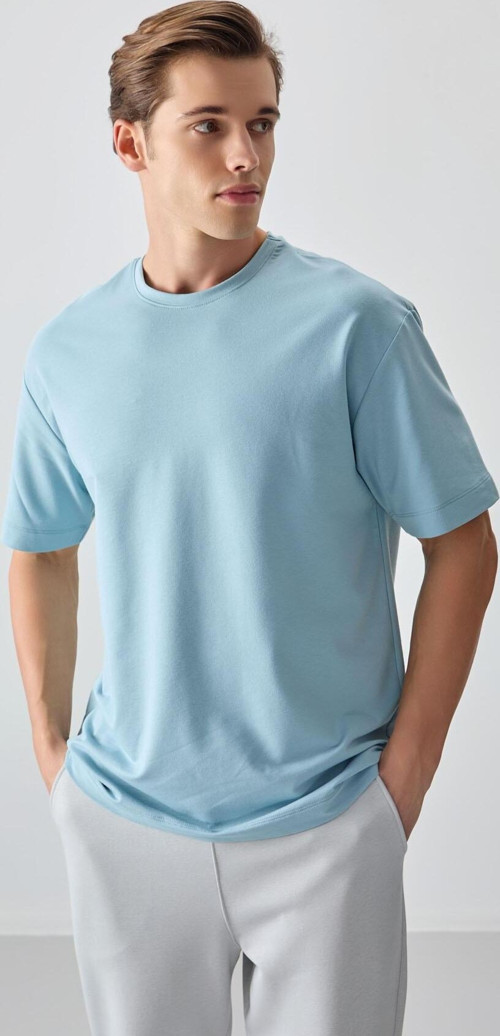 Açık Mavi Pamuklu Kalın Yumuşak Dokulu Oversize Fit Basic Erkek T-Shirt - 88377