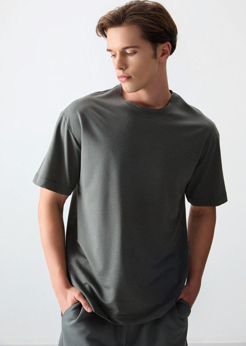 Haki Pamuklu Kalın Yumuşak Dokulu Oversize Fit Basic Erkek T-Shirt - 88377