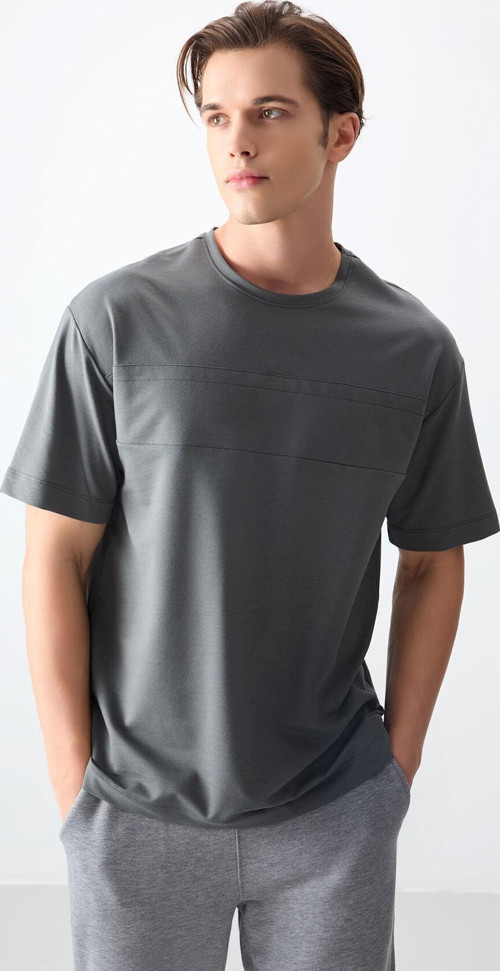Haki Pamuklu Kalın Yumuşak Dokulu Oversize Fit Basic Erkek T-Shirt - 88378