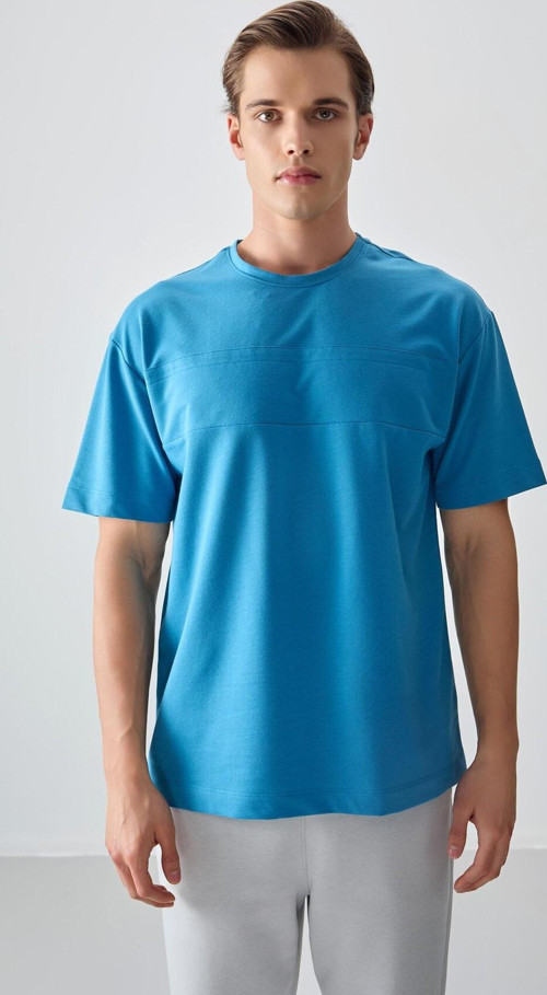 Petrol Mavi Pamuklu Kalın Yumuşak Dokulu Oversize Fit Basic Erkek T-Shirt - 88378