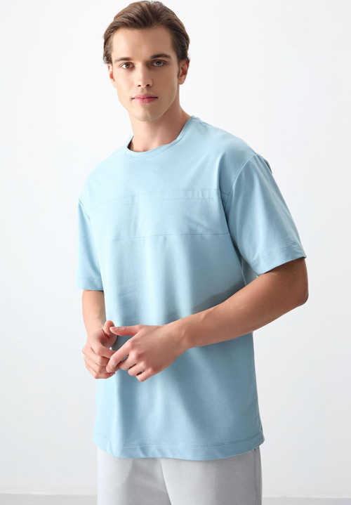 Açık Mavi Pamuklu Kalın Yumuşak Dokulu Oversize Fit Basic Erkek T-Shirt - 88378
