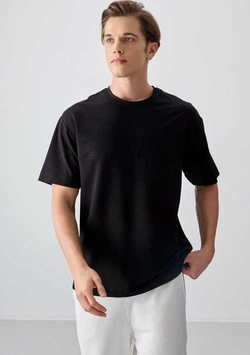 Siyah Pamuklu Kalın Yumuşak Dokulu Oversize Fit Basic Erkek T-Shirt - 88378
