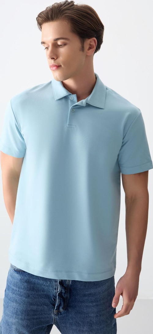 Açık Mavi Pamuklu Kalın Yumuşak Dokulu Polo Yaka Oversize Fit Basic Erkek T- Shirt - 88381