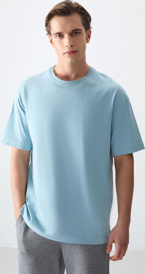 Açık Mavi %100 Pamuk Kalın Yumuşak Dokulu Oversize Fit Basic Erkek T-Shirt - 88353