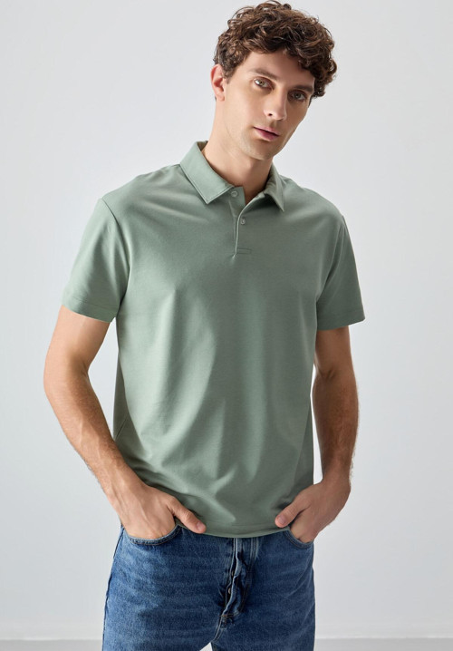Açık Yeşil Pamuklu Kalın Yumuşak Dokulu Polo Yaka Oversize Fit Basic Erkek T-Shirt - 88381
