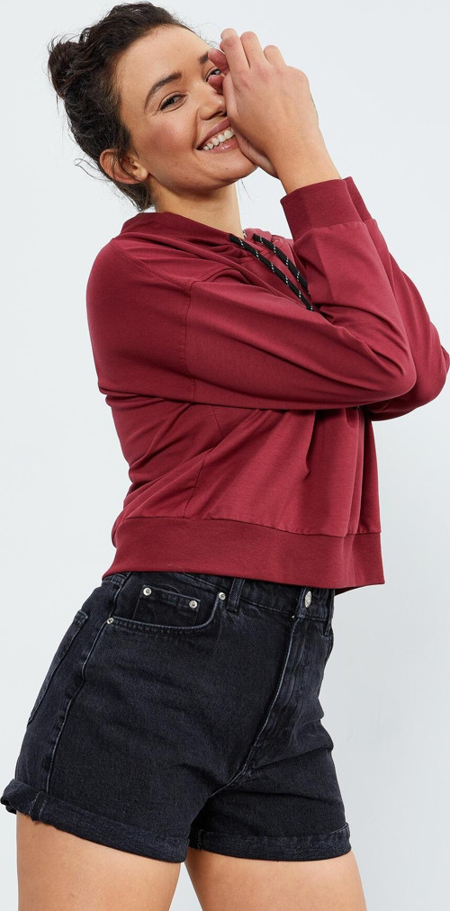 Bordo Uzun Kol Rahat Form Kapüşonlu Kadın Sweatshirt - 97115