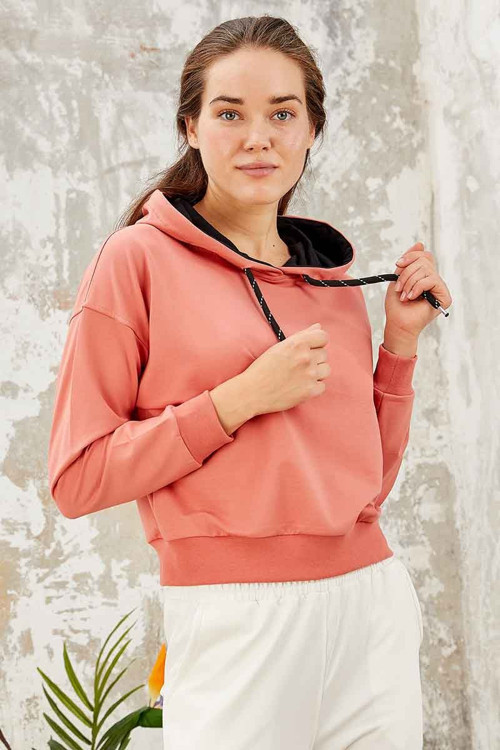 Pudra Uzun Kol Rahat Form Kapüşonlu Kadın Sweatshirt - 97115