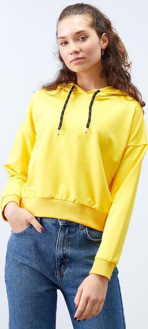 Sarı Uzun Kol Rahat Form Kapüşonlu Kadın Sweatshirt - 97115