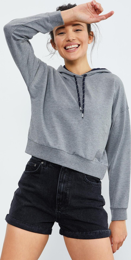 Gri Melanj Uzun Kol Rahat Form Kapüşonlu Kadın Sweatshirt - 97115