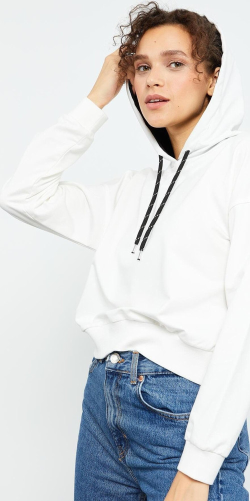 Ekru Uzun Kol Rahat Form Kapüşonlu Kadın Sweatshirt - 97115